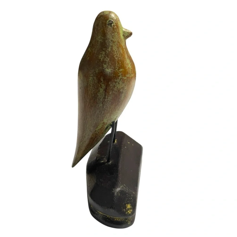 Smith & Hawken folk art wooden bird, carved brown & teal wren statue. c. 70s-80s